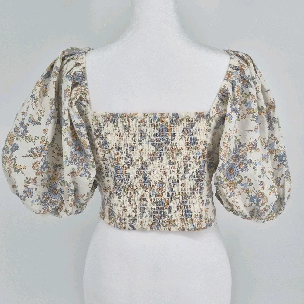Abercrombie &‎ Fitch Floral Puff Sleeve Poplin O-Ring Crop Top Blouse Women's M